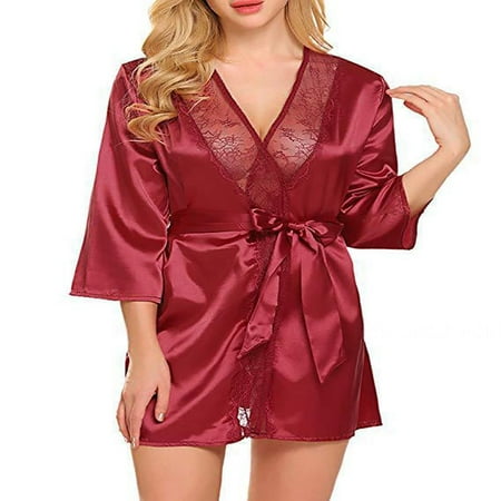 Womens Underwear Uniform Temptation Lace Coat Bathrobe Pajamas Three-Piece Temptation Red XL