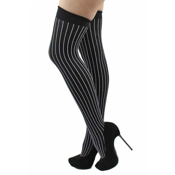 Black & Gray Pinstripe Thigh High Stockings For Women