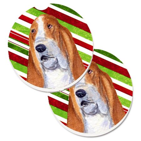 Basset Hound Candy Cane Holiday Christmas Set of 2 Cup Holder Car Coaster