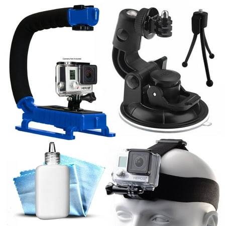 Opteka xGrip Stabilizing Action Grip Handle Handheld Holder (Blue) , Car Mount+ Head Band Helmet Harness Strap Mount, Mini Tripod, Dust Removal Cleaning Care Kit for GoPro Hero4 Hero3+ Hero3, Camera