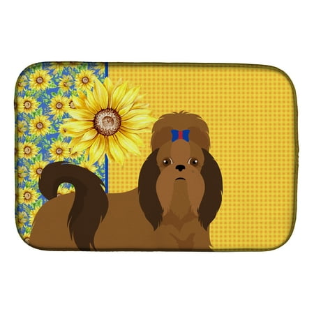 Summer Sunflowers Red Shih Tzu Dish Drying Mat 14 in x 21 in