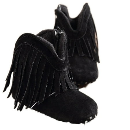 Baby Boys Girls Boots with Tassels Toddler Cowboy Boots with Zipper Winter Warm Soft Sole Snow Boots First Walker Crib Black