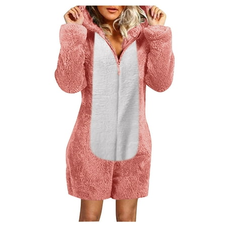 

jsaierl Women s Winter Warm Sherpa Romper Fuzzy Fleece Onesie Pajama One Piece Zipper Hooded Jumpsuit Sleepwear Playsuit Christmas Pajamas