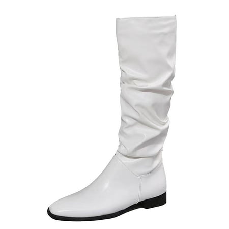 

Cathalem Shoes Women Adult Female Wide Leg Boots for Women Knee High Wrinkled Pointed Toe Flat Long Boots Womens Knee High Riding Boots Wide Calf White 7