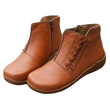 Women Winter Snow Boots PU Leather Flat Lace up Round Toe Ankle Boots 39