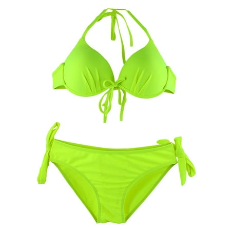Neck Halter Swimwear Bathing Suit Bikini Set Fluorescent Yellow XL
