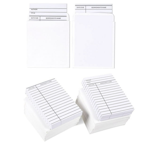 Set Of 100 Library Cards and Book Pockets - Library Pockets, Library Card Holder, Book Cards for Public Library Record Keeping, Tracking, Book Borrowing, White