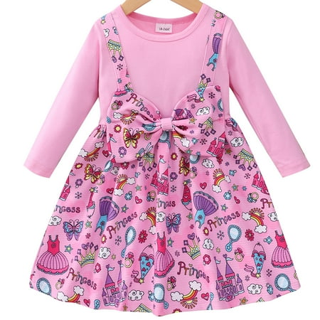Popshion Toddler Girls Unicorn Print Bowknot Long Sleeve Female Dress 2-8
