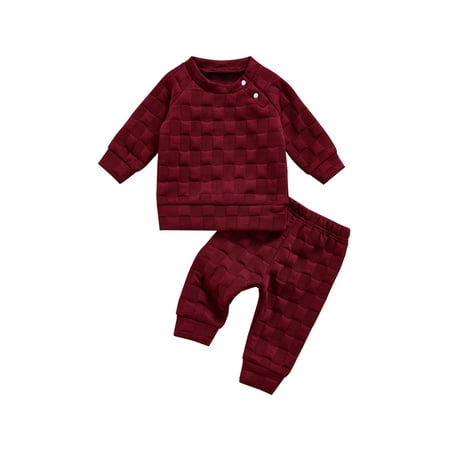 Calsunbaby Baby Boys 2Pcs Clothes Set Solid Color Long Sleeve Crew Neck Plaid Sweatshirt Sweatpants Casual Outfit
