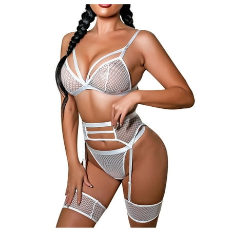 

DNDKILG Women s Plus Size Lace Lingerie Sexy Babydoll Lingerie Set Teddy Strappy Bra and Panty Sets with Garter White L
