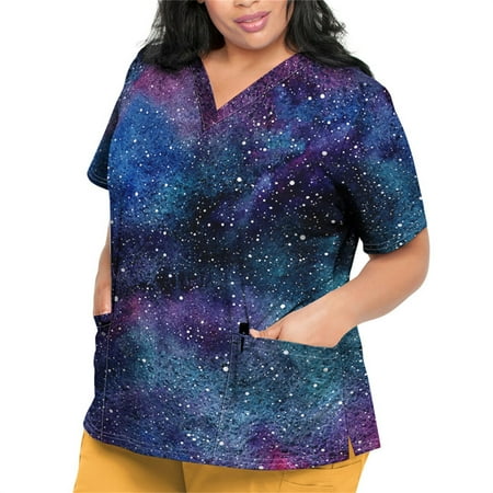 Sksloeg Women Scrub Tops Starry Printed Top Workwear with Pockets Short Sleeve V-Neck Nursing Working Uniform Dark Blue XXXXXL