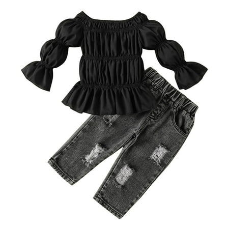 Toddler Kids Baby Girls Off Shoulder Ruffles T Shirt Tops Hole Crop Denim Jeans Long Pants 2PCS Outfits Clothes Set Clothes for Teen Girls
Toddler Kids Baby Girls Off Shoulder Ruffles T Shirt Tops Hole Crop Denim Jeans Long Pants 2PCS Outfits Clothes Set Clothes for Teen Girls