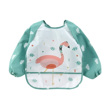 Infant Cartoon Print Saliva Bib Toddler Waterproof Long Sleeve Stripe Feeding Bib