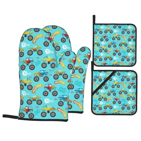Oven Mitts and Pot Holders 4 pcs Set Cartoon Monster Truck Heat Resistant Non-Slip Pot Holders Oven Mitts for kitchen Hanging Loop Oven Glove Potholders for Cooking Baking
Oven Mitts and Pot Holders 4 pcs Set Cartoon Monster Truck Heat Resistant Non-Slip Pot Holders Oven Mitts for kitchen Hanging Loop Oven Glove Potholders for Cooking Baking