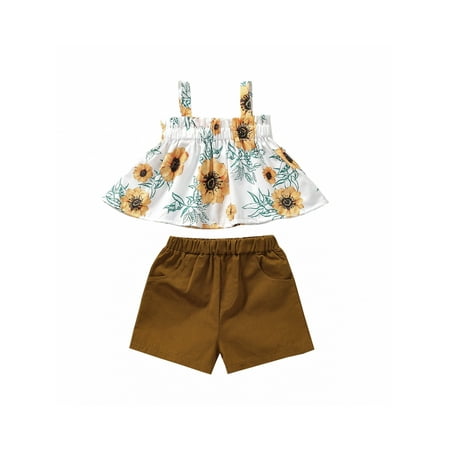SUNSIOM Kid Floral Elastic Waist Ruffle A-line Version Camisole and Shorts 2Pcs Set