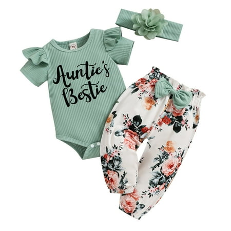 Girl Clothes Set Girls Short Sleeve Letter Printed Ribbed Romper Bodysuits Floral Printed Pants Headbands Outfits Casual Fashion Clothing Set