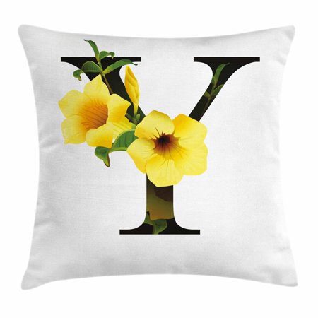 Letter Y Throw Pillow Cushion Cover, Y Letter with Yellow Bell Flower Natural Representation in Abstract Design, Decorative Square Accent Pillow Case, 20 X 20 Inches, Yellow Green Black, by Ambesonne