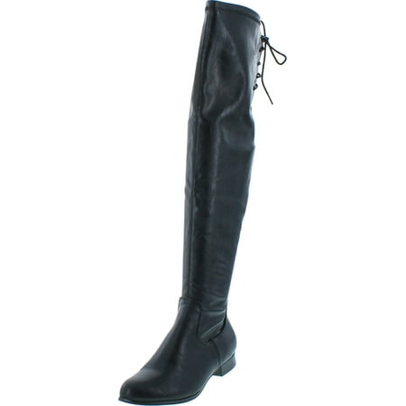 Chase & Chloe Maggy-1 Women s Thigh High Drawstring Low Chunky Heel Boots Black Pu 6.5