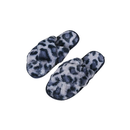 

Daeful Ladies Fluffy Slides Open Toe Fuzzy Slippers Leopard Print Plush Slipper Lightweight Cross Strap Home Shoes Women s Cozy Blue 9.5-10