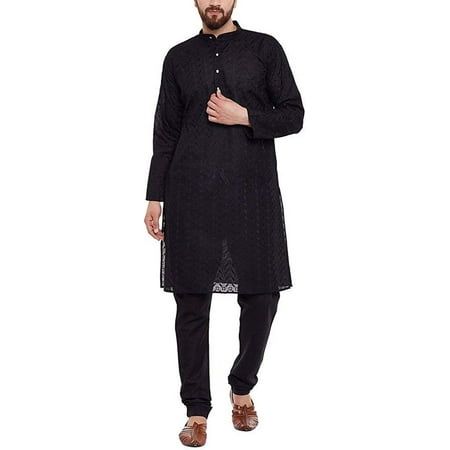 Royal Men s Black 100% Cotton Lucknowi Chikan Embroidery Kurta Churidar