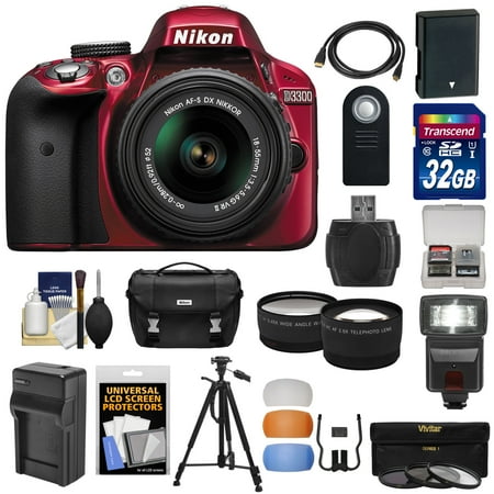 Nikon D3300 Digital SLR Camera & 18-55mm G VR DX II AF-S Zoom Lens (Red) with 32GB Card + Battery & Charger + Case + Tripod + Flash + Tele\/Wide Lens Kit