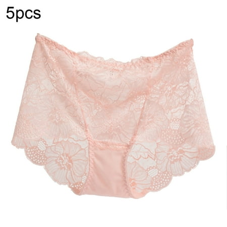 5Pcs Women Lace See Through Hollow out Elastic Underwear High Waist Briefs Pink XL
