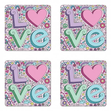 

Doodle Coaster Set of 4 Hand Drawn 3D Love Lettering Psychedelic Goorvy Sixties Inspired Design Peace Kiss U Square Hardboard Gloss Coasters Standard Size Multicolor by Ambesonne
