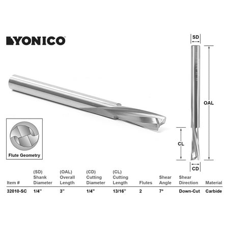 Yonico CNC Router Bit Low Helix Down Cut Long Reach 1/4 X 13/16 - 32010-SC
Yonico CNC Router Bit Low Helix Down Cut Long Reach 1/4 X 13/16 - 32010-SC