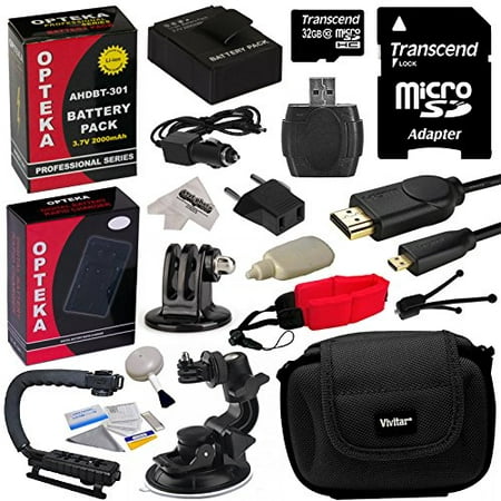 GoPro Action Sports Kit with 32GB MicroSDHC Memory Card, x2 AHDBT-301, Charger, HDMI Cable, Tripod Adapter, Action Stabilizing Grip, Car Mount, Case, Floating Strap, Cleaning Kit with Bonus Tripod
