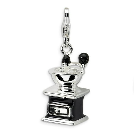 Sterling Silver 3-D Enameled Black Coffee Grinder with Lobster Clasp Charm (0.8in long x 0.5in wide)