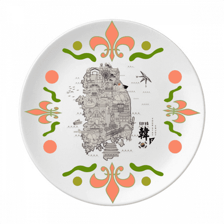 1945 South Korea Landmarks Map Flower Ceramics Plate Tableware Dinner Dish