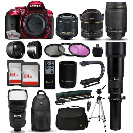 Nikon D5300 Red DSLR Digital Camera + 18-55mm VR II + 6.5mm Fisheye + 55-300mm VR + 650-2600mm Lens + Filters + 128GB Memory + Action Stabilizer + i-TTL Autofocus Flash + Backpack + Case + 70\ Nikon D5300 Red DSLR Digital Camera + 18-55mm VR II + 6.5mm Fisheye + 55-300mm VR + 650-2600mm Lens + Filters + 128GB Memory + Action Stabilizer + i-TTL Autofocus Flash + Backpack + Case + 70\