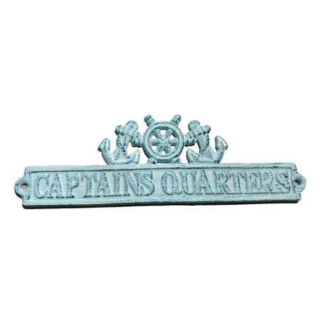 dark blue whitewashed cast iron captains quarters sign with ship wheel and anchors 9 inch