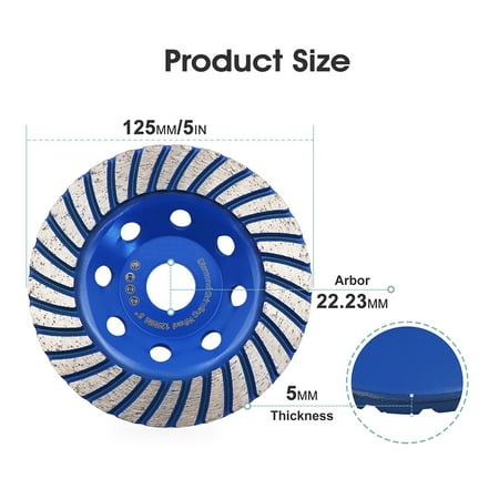5 Inch Turbo Row Diamond Grinding Cup Wheel for Concrete Granite Marble Masonry Brick Fits 7/8 Inch Arbor
5 Inch Turbo Row Diamond Grinding Cup Wheel for Concrete Granite Marble Masonry Brick Fits 7/8 Inch Arbor