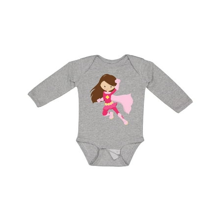 Inktastic Superhero Girl Cute Girl Brown Hair Pink Cape Gift Baby Girl Long Sleeve Bodysuit