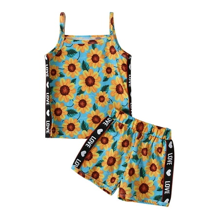 REORIAFEE First Birthday Outfit Girl Toddler Baby Girls Fashion Leopard Flowers Fruit Print Suspenders Top Shorts Suit Blue 2-3 Years
