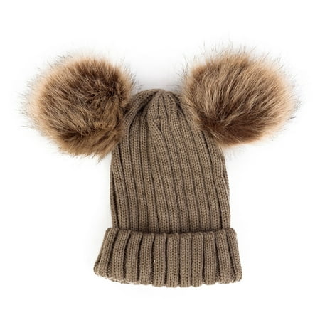 

Multitrust Unisex Double Fur Pom Hat Baby Solid Color Winter Crochet Knit Cap