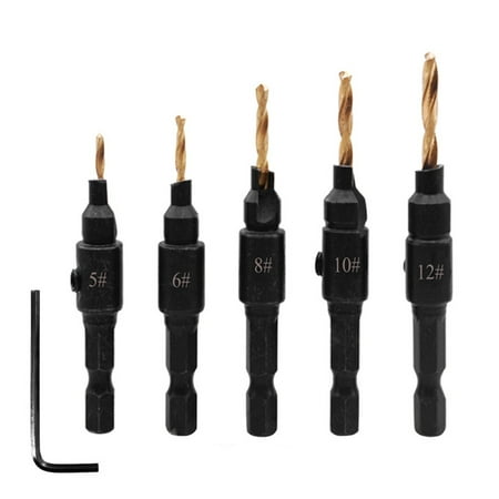 5Pcs 5 Flutes Carpentry Countersink Drill Bit Set 1/4 Hexagonal Shank HSS B