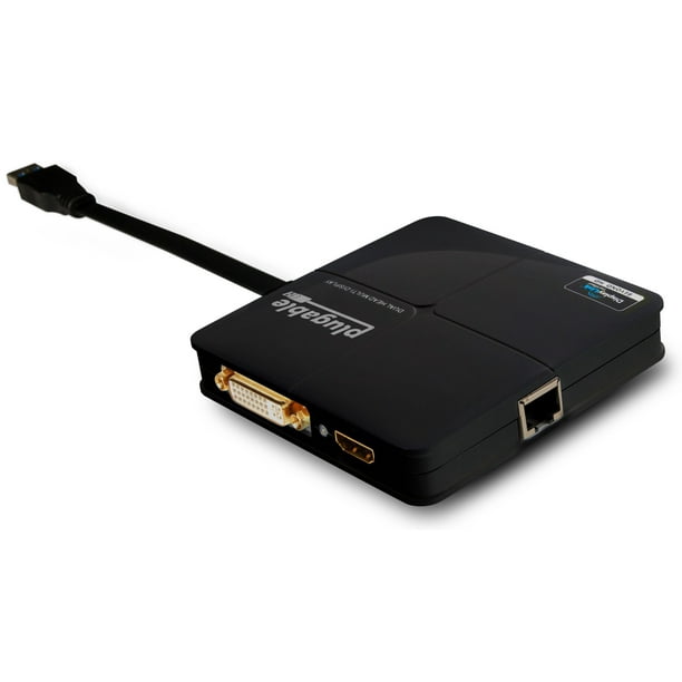 Plugable USB 3.0 Dual-Head Graphics and Gigabit Ethernet Adapter (HDMI up to 2560x1440 and DVI\VGA 1920x1200. Supports Windows 10, 8.1, 7, XP)