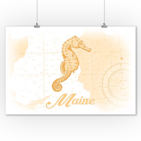 Maine - Seahorse - Yellow - Coastal Icon - Lantern Press Artwork (9x12 Art Print, Wall Decor Travel Poster)