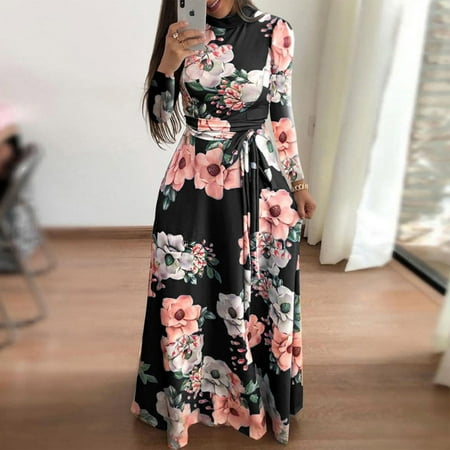 ICHUANYI Women Fashion Casual Printed Tie Long Skirt Dress