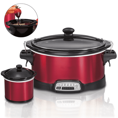 

HwaGui Portable 7 Quart Programmable Slow Cooker with Party Dipper and Lid Lock Dishwasher-Safe Crock Red