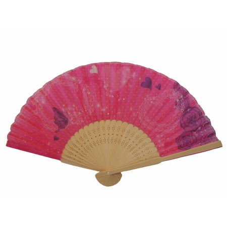 Wooden Slab Chinese Folding Hand Fan-Hot Pink