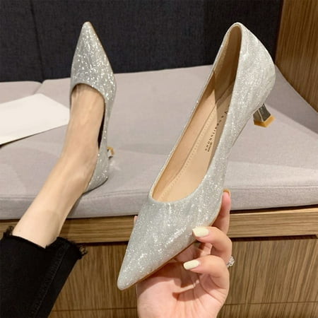 

Women Shoes Fashion Summer And Autumn Women Casual Shoes Pointed Toe Hollow Breathable Rhinestones Comfortable Mid Heel Silver 8