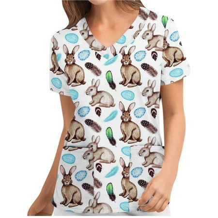JBEELATE Womens Easter Nurse Scrub Top Pajamas Cute Print Short Sleeve V-Neck Nursing Tops