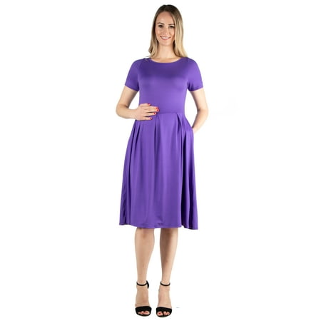 24seven Comfort Apparel Short Sleeve Maternity Midi Skater Dress With Pockets