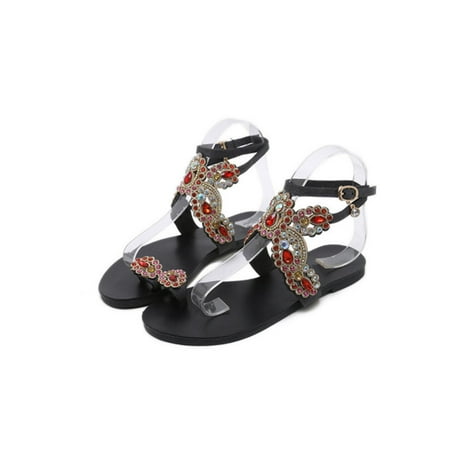 Women Rhinestone Flat Sandals Toe Ring Shoes for Summer Beach Holiday 35