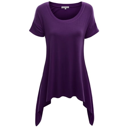 Doublju Womens Basic Round Neck Short Sleeve Longline Asymmetrical Tunic Top