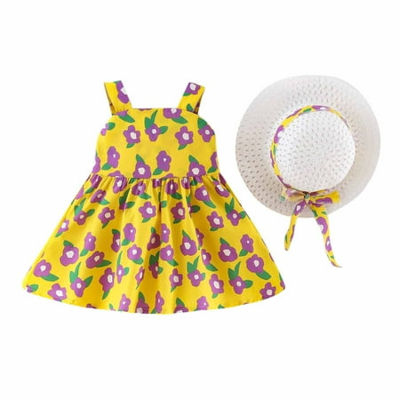 

ZMHEGW Dresses For Teens Girls Baby 6M-3Y Sleeveless Bowknot Floral Printed Suspenders Princess Dress Hat Set