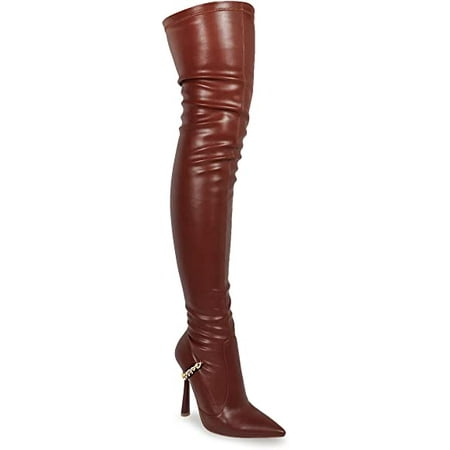 LILIANA POLYURETHANE VIKKI-1 THIGH-HIGH POINTY TOE BOOT WITH CHAIN DETAIL